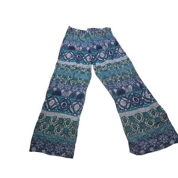 Roz & Ali Blue Wide Leg Palazzo Pants Yoga Travel Boho Hippie Mosaic Comfort L - Picture 1 of 11
